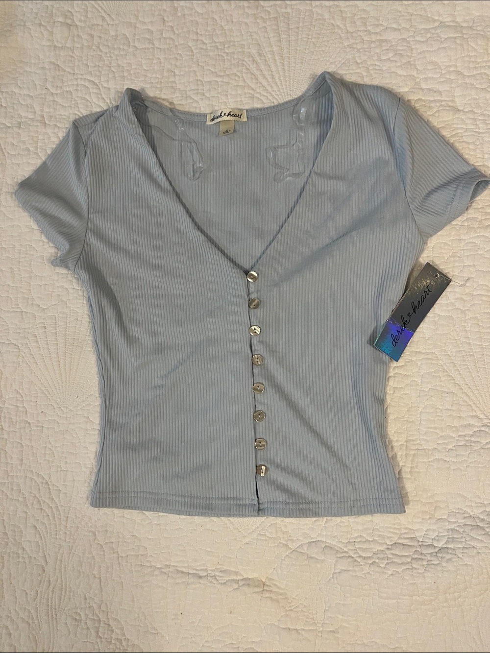 Light Blue Ribbed Button-Front V-Neck Top